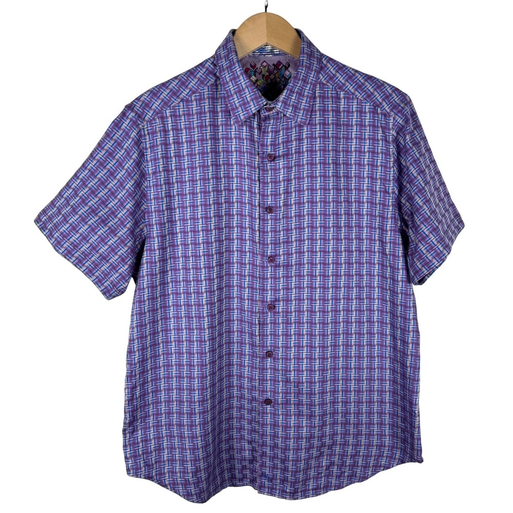 Robert Graham Geometric Print Short Sleeve Shirt Mens L PurpleButton Down - Picture 4 of 8